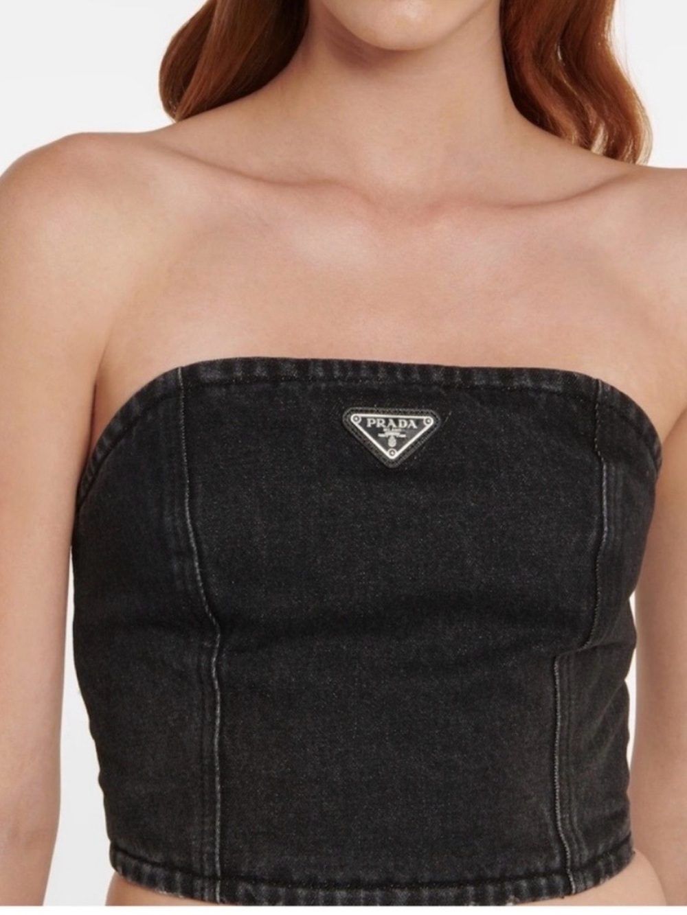 Prada Black Strapless Denim Crop Top with Triangle Logo